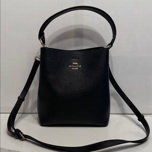 Coach Black Pebbled Leather Bucket Bag with Top Handle and Adjustable Strap